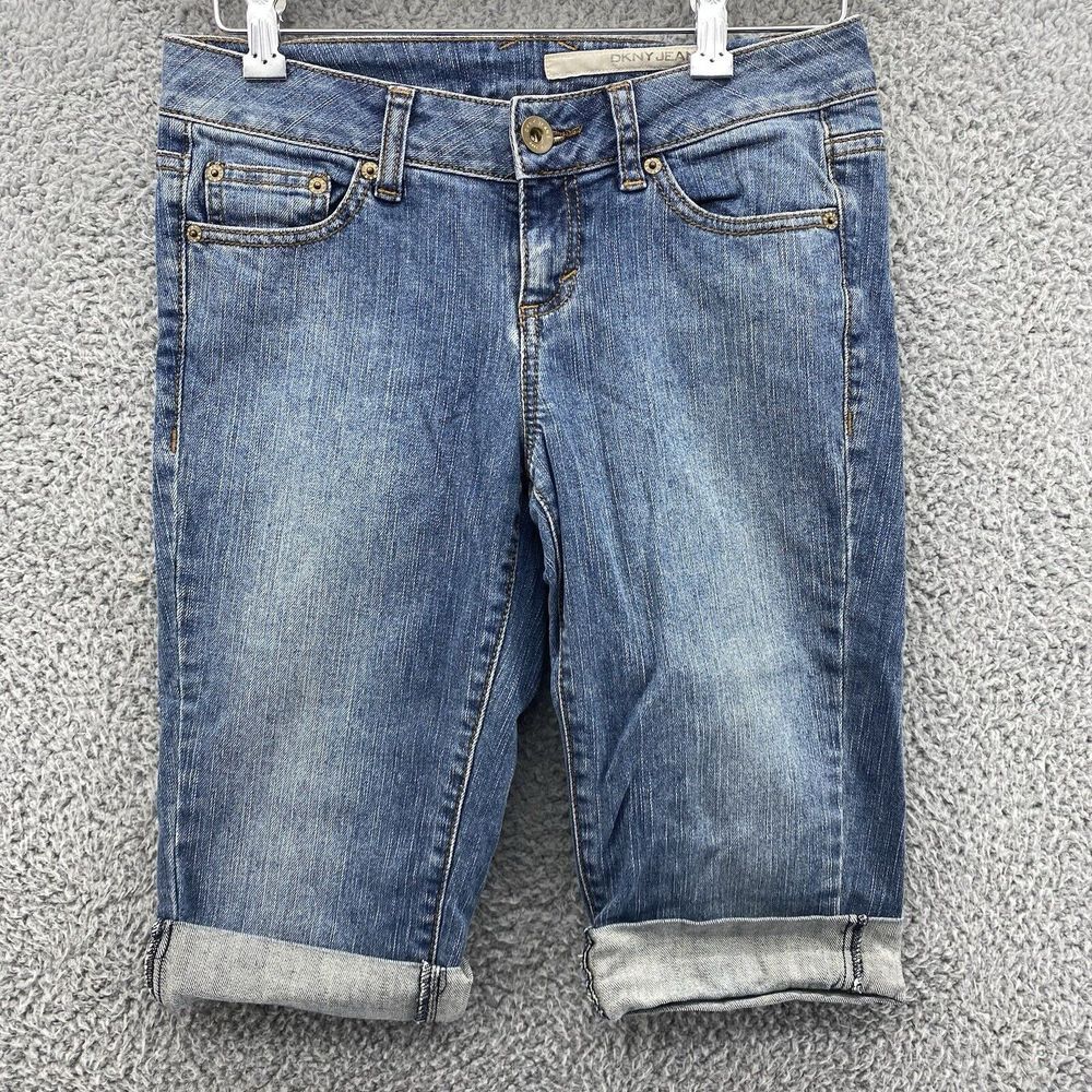 DKNY Womens Sz 2 Bermuda Denim Jean Shorts Cutoffs‎ Medium Wash Rolled Cuff Hem